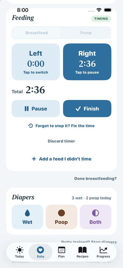 The feeding timer in the blue ocean theme, timing a breastfeed: the right side at 2:36 and the left at 0:00, a 2:36 total, Pause and Finish buttons, links to fix the time or add a feed you didn't time, and a Diapers card with Wet, Poop and Both buttons.