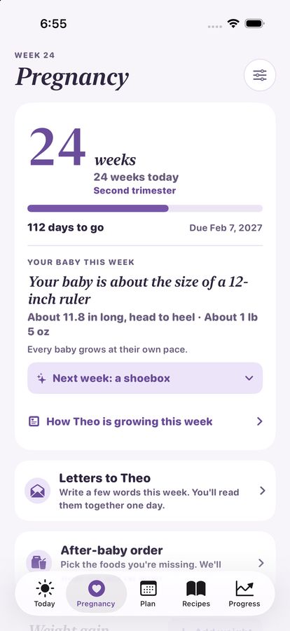 The Pregnancy tab in the lavender theme: 24 weeks, second trimester, 112 days to go, the baby about the size of a 12-inch ruler, and links to how Theo is growing this week, letters to Theo and the after-baby order.